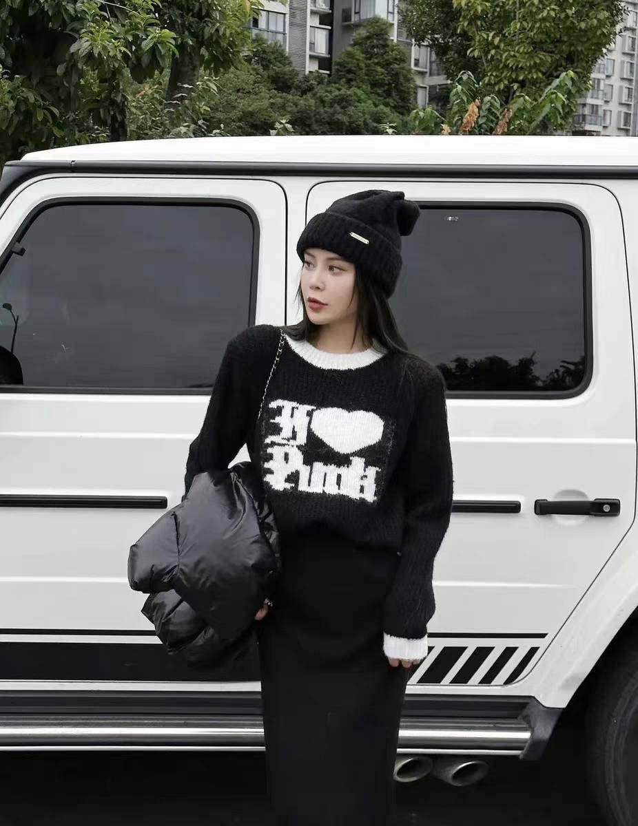 MENGX2023秋季韓版趣味刺繡字母愛心撞色圓領寬鬆長袖套頭毛衣女
