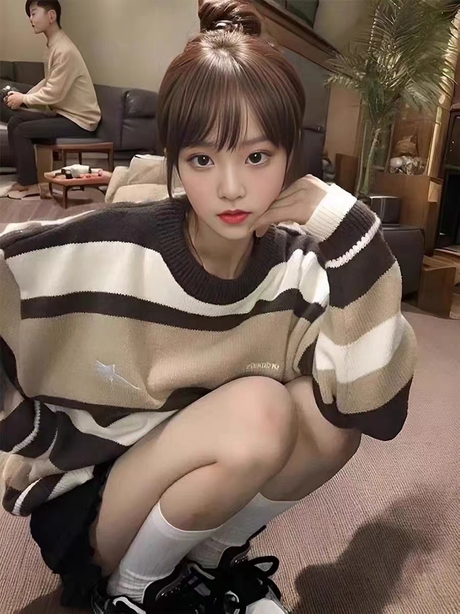 High-end star embroidered striped contrast sweater, national fashion, American street casual pullover, round neck sweater for men and women
