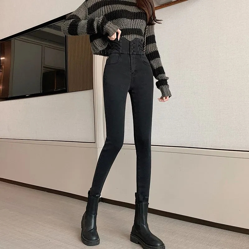 超高腰藍灰牛仔褲女小腳褲2023年秋冬季彈力修身顯瘦鉛筆緊身褲子