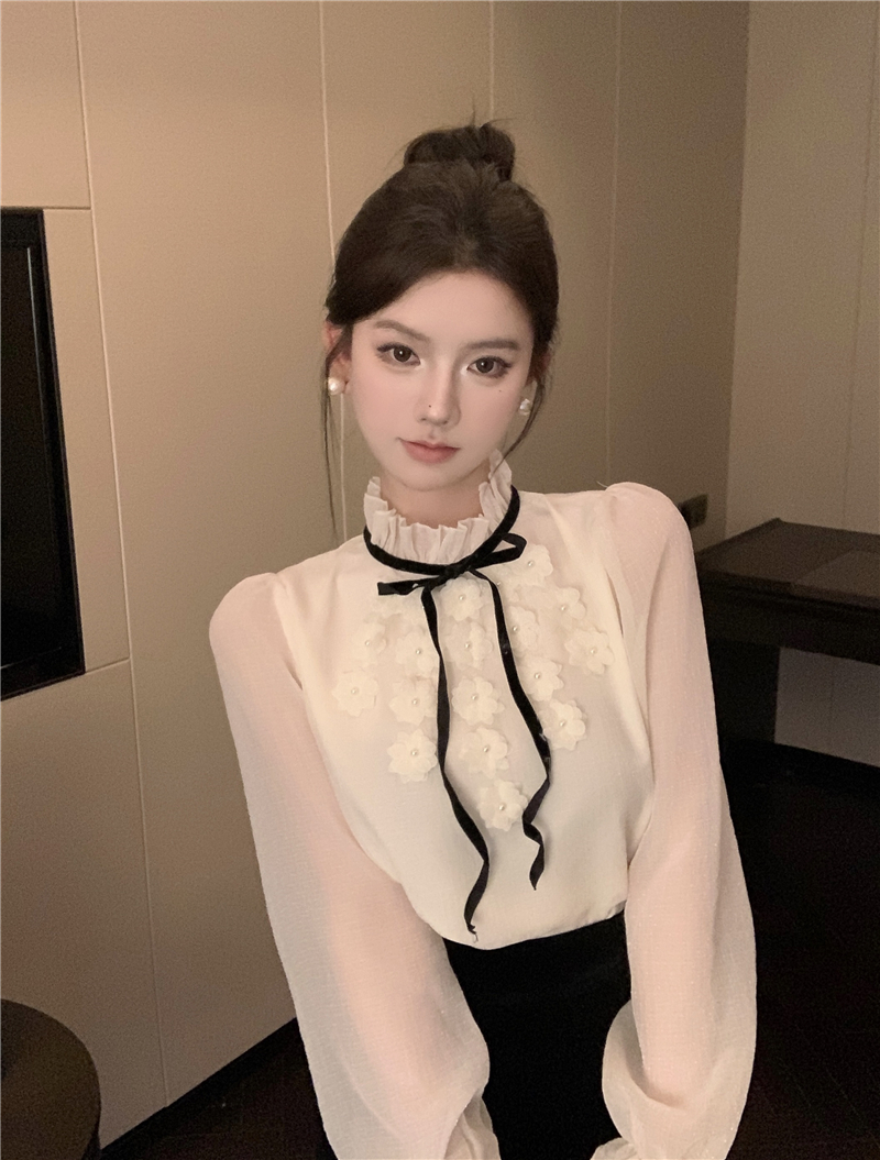 實拍  法式立領系帶甜美蕾絲高級立體花朵雪紡長袖襯衣.
