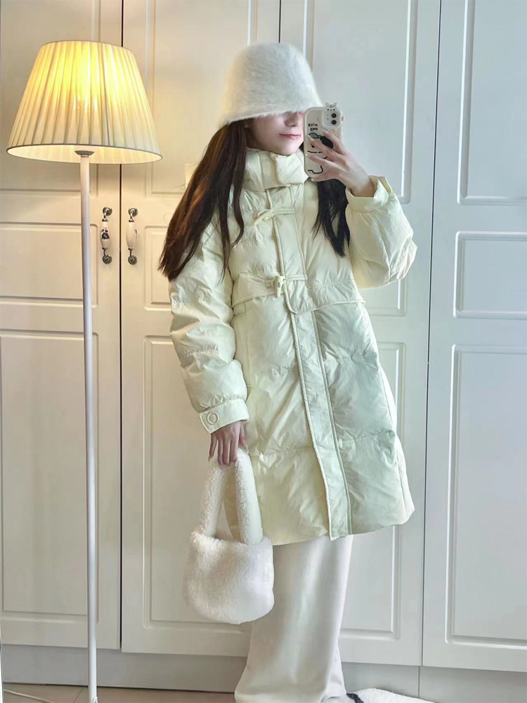 2023 Winter New Down Jacket Women's Mid-Length Over-the-Knee Horn Buckle Loose Thick Down Cotton Student Jacket