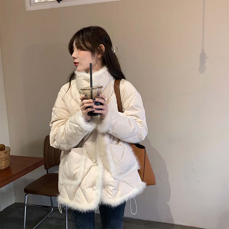 2023秋冬季新款氣質拼接水貂毛棉服女冬韓版寬鬆顯瘦立領保暖外套