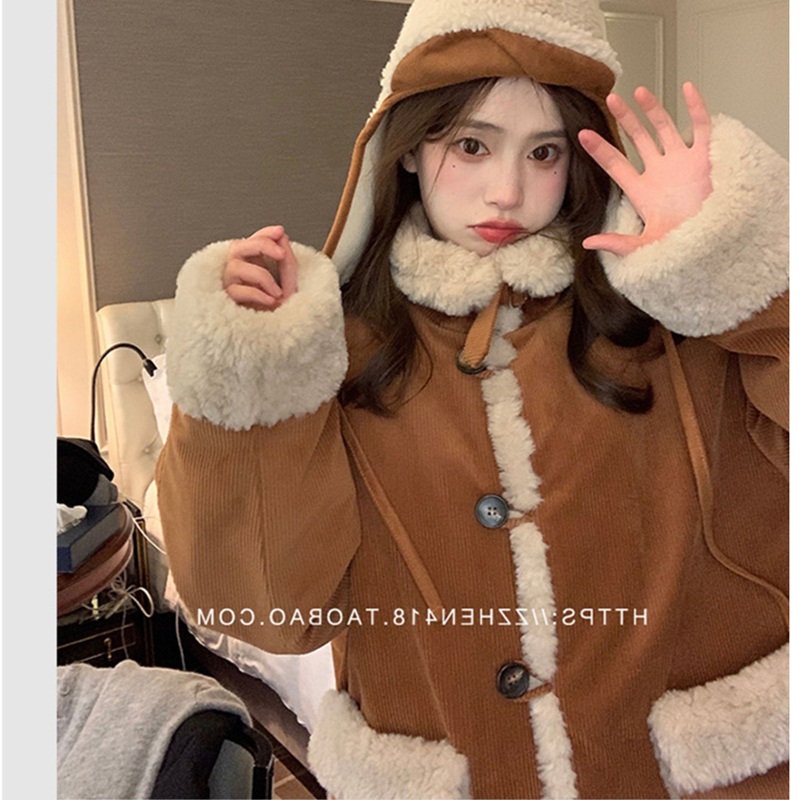 2023 winter women's tops small fragrant style small plus velvet thickened lamb wool short coat for women autumn and winter