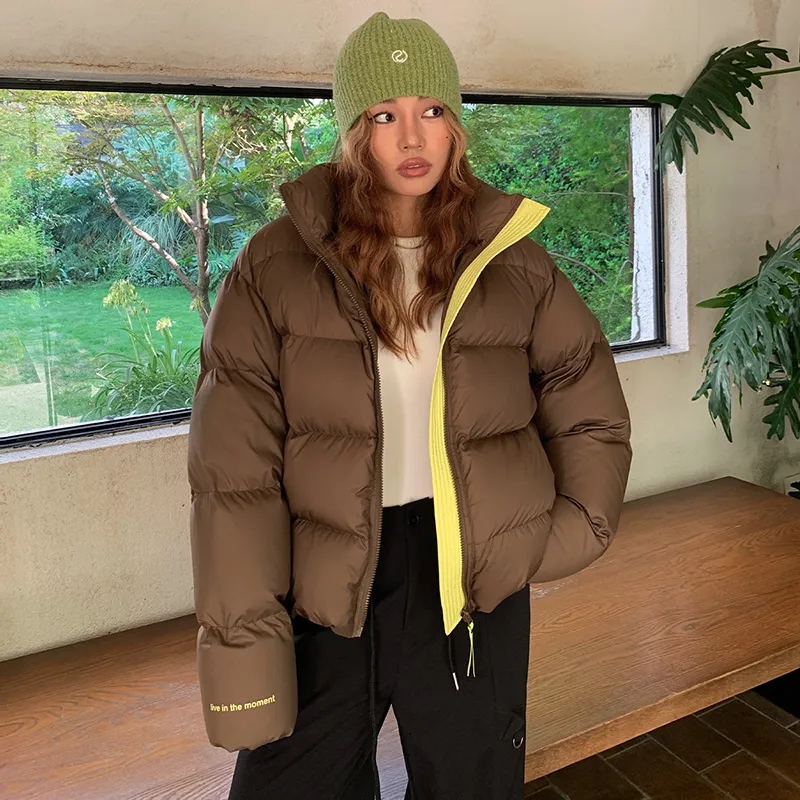 撞色短款肯豆風棉服女2023年秋冬季時尚寬鬆加厚保暖外套