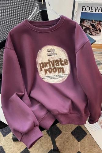Original workmanship European purple sweatshirt for women autumn and winter 2023 American style velvet thickened top for small people