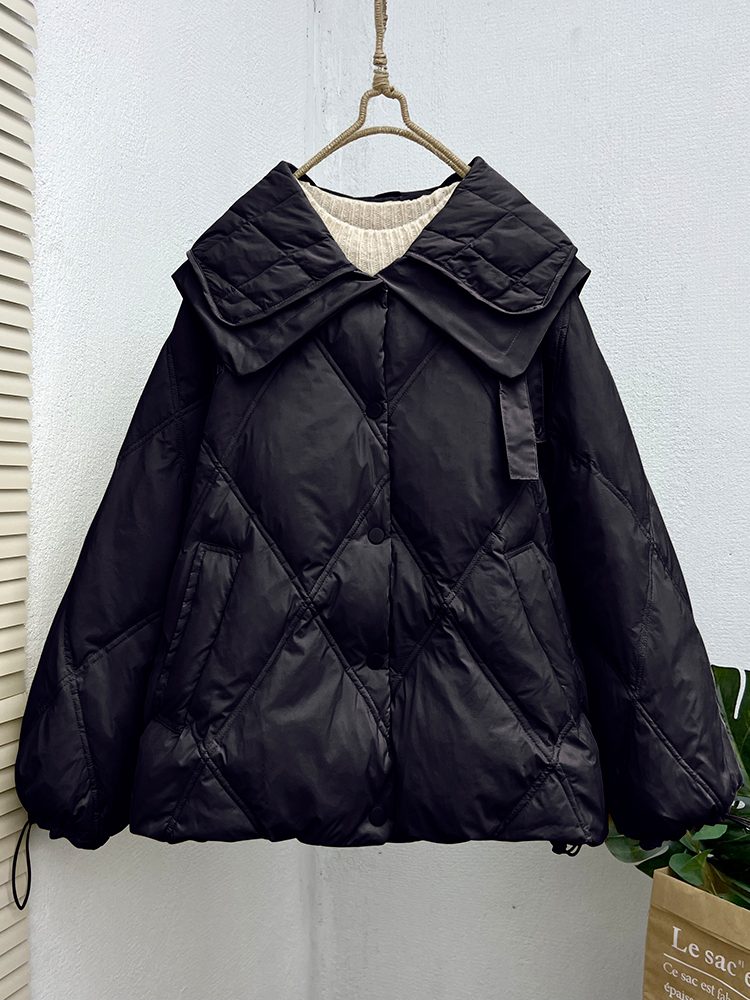 2023 new winter Korean style cotton coat for women with navy collar, loose and small, western style diamond pattern cotton coat