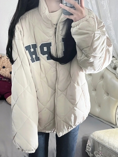 College style letter embroidered rhombus cotton jacket for female students winter new style warm and thickened stand-up collar cotton jacket
