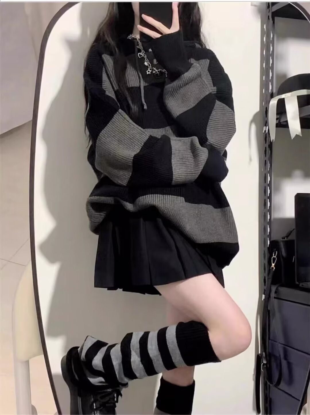 慵懶風軟糯寬鬆條紋連帽毛衣外套女秋冬學院風日系復古針織衫上衣