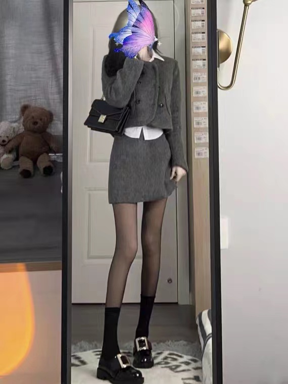 毛呢套裝裙秋冬新款氣質小個子短款外套女半身裙兩件套