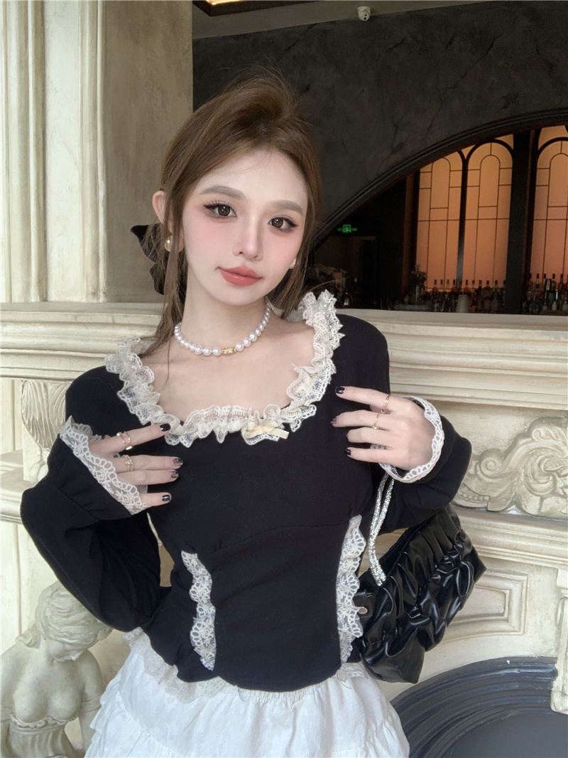 實拍~維斯小姐半永久打底小方領蕾絲花邊內搭修身顯瘦打底衫