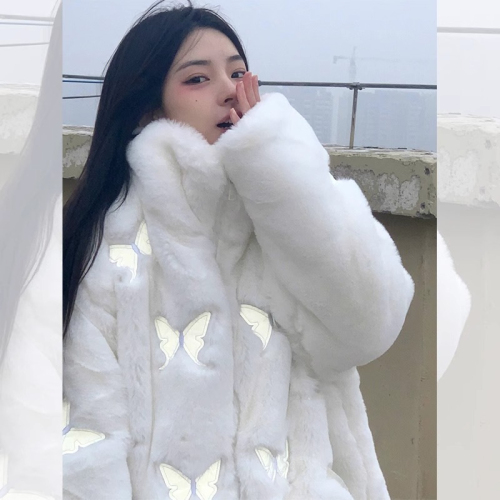 White lamb plush coat for women, autumn and winter, high-end, small, thickened, reflective butterfly, eco-friendly fur