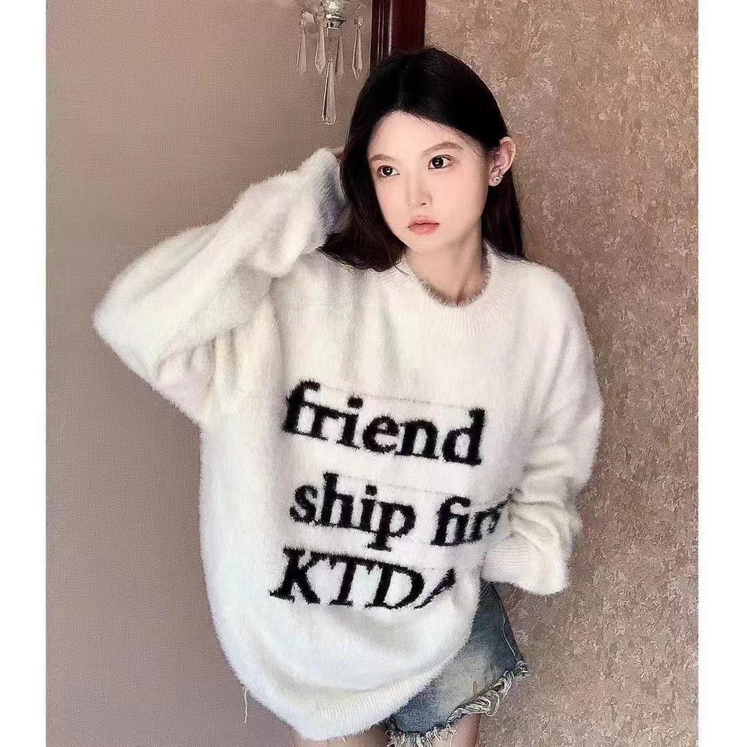 KTDA letter logo jacquard sweater round neck seahorse hair pullover sweater couple long sleeve basic casual national trend
