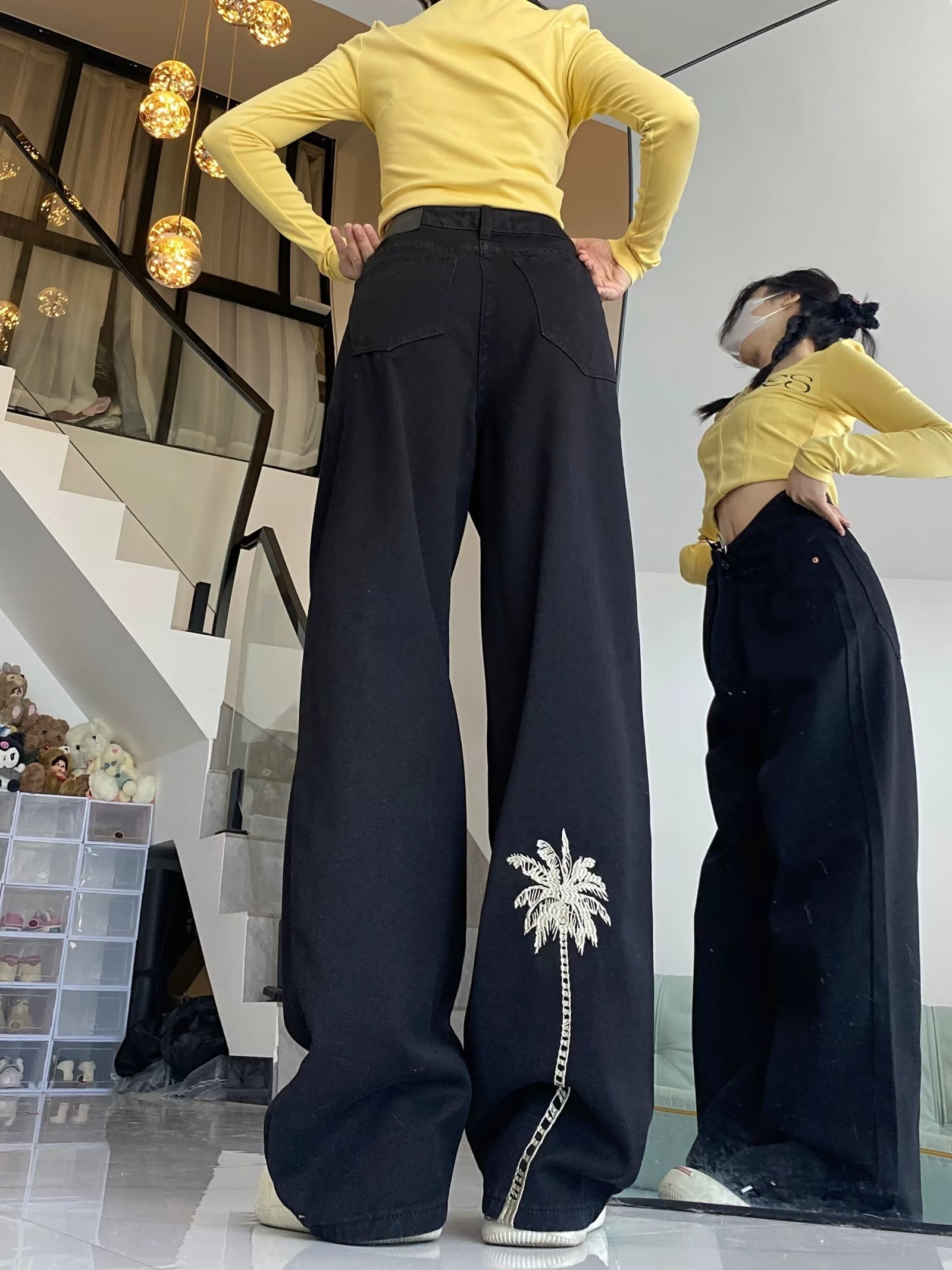 美式復古椰樹刺繡圖案牛仔褲寬鬆直筒闊腿簡約休閒褲女潮
