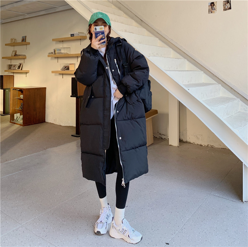 實拍~2023冬裝新款加厚夾棉寬鬆百搭中長款連帽羽絨棉服外套