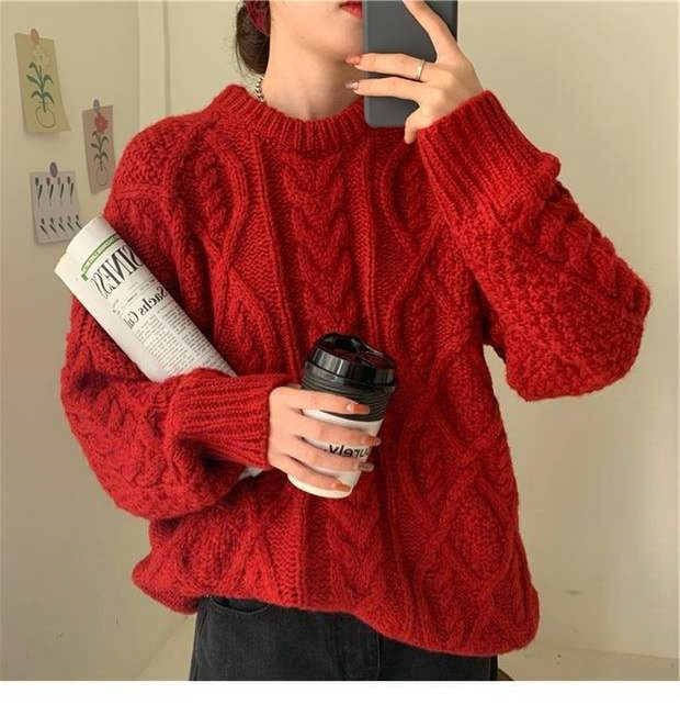 秋冬復古聖紅色麻花毛衣女學生寬鬆氣質慵懶風圓領加厚外穿針織衫