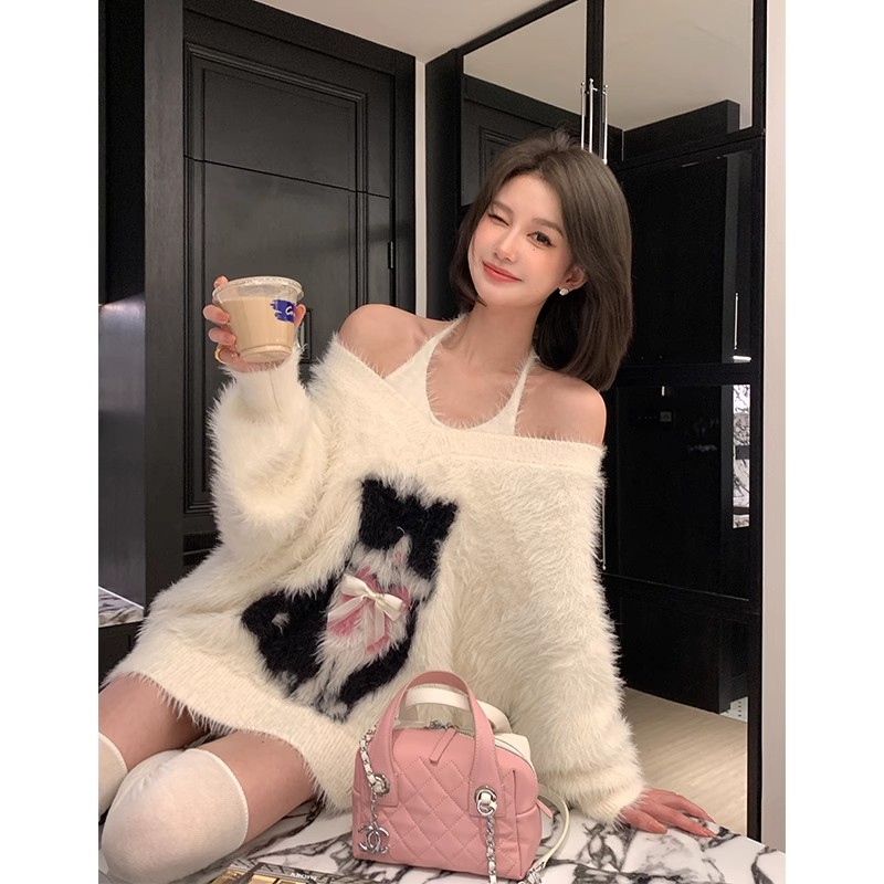NIMOWANG辣貓Top1v領慵懶風大毛衣女秋冬蝴蝶結仿貂針織上衣