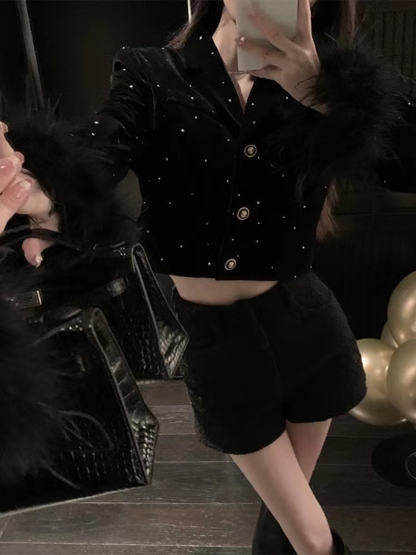 Big-hearted French hot-drilled velvet lady-style ostrich feather top and small jacket, high-end, slim and exquisite