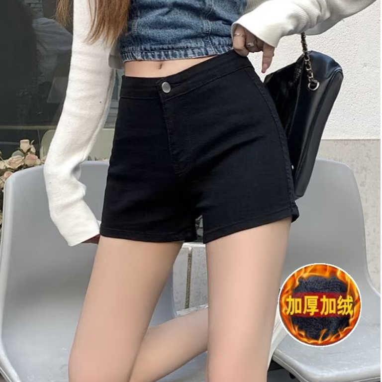 牛仔加絨短褲女彈力高腰黑色顯瘦辣妹褲緊身翹臀包臀修身ins潮