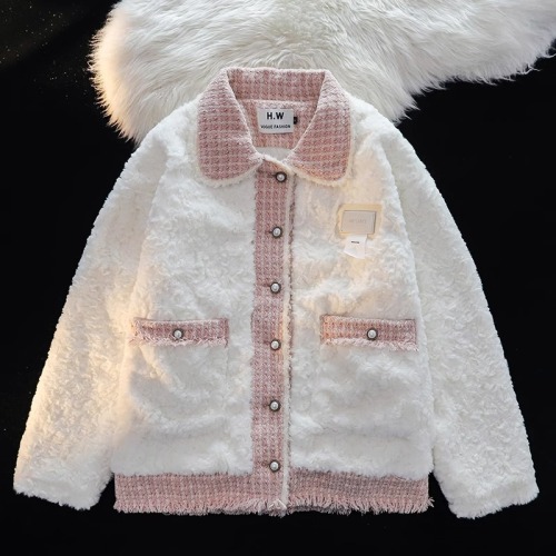 Pink plaid splicing white lamb velvet cotton coat for women  winter temperament versatile plus velvet thickened woolen coat