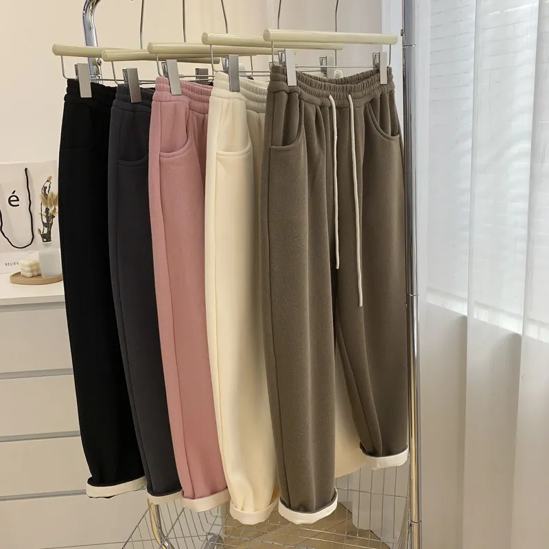秋冬高腰抽繩加絨直筒休閒褲奶奶褲女