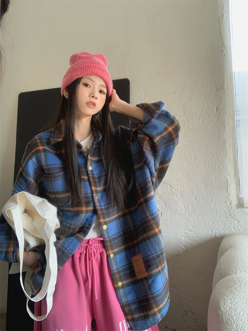 實拍 秋冬高級感小眾毛呢寬鬆復古撞色加厚格子呢料外套女