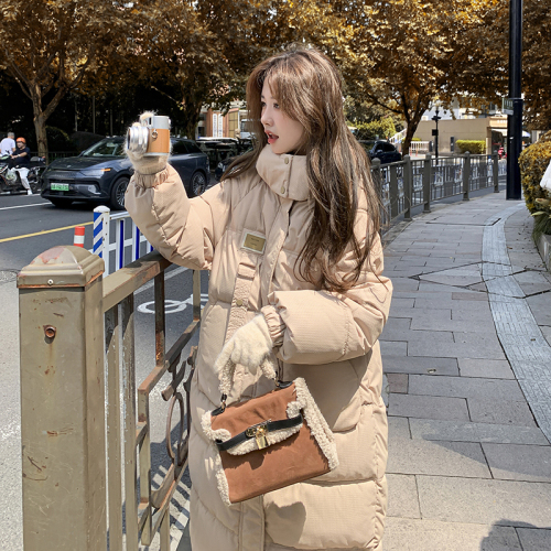 Milk tea color mid-length down-padded jacket for women  new Korean style gentle style thickened cotton-padded jacket winter knee-high cotton-padded jacket