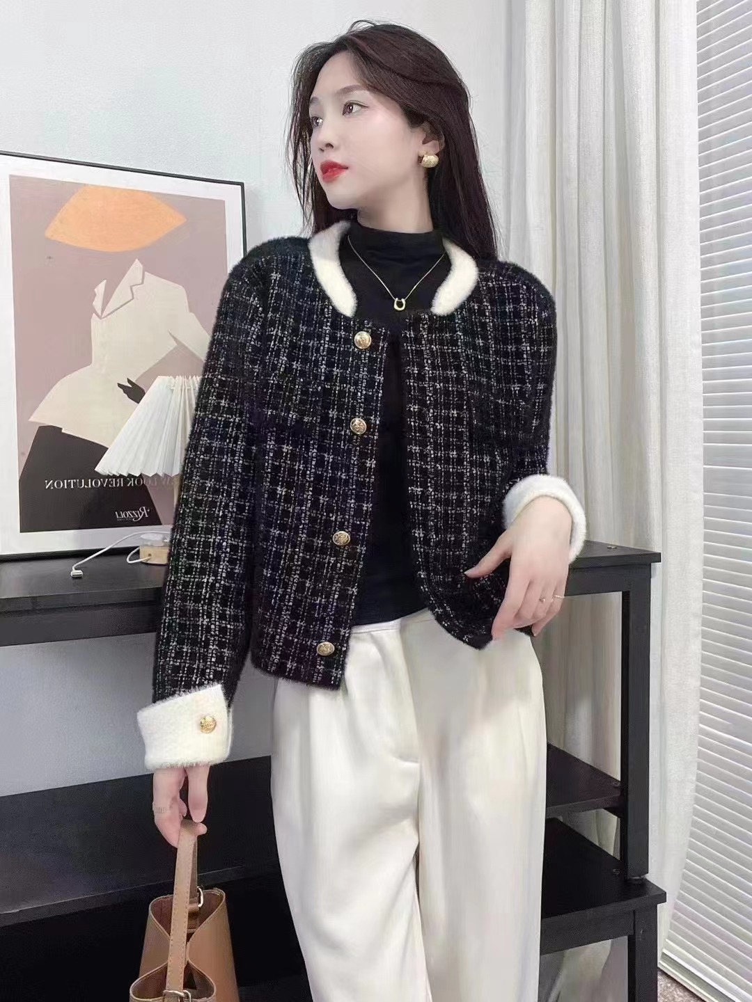 小香風外套女喊吧2023秋冬新款顯瘦氣質水貂毛女短款上衣開衫