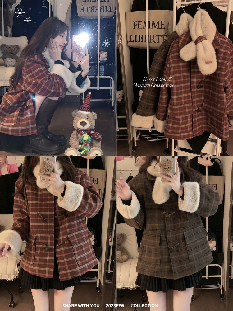 實拍 聖誕紅氛圍感格紋棉服冬季新款兔毛內膽牛角扣加厚毛呢外套