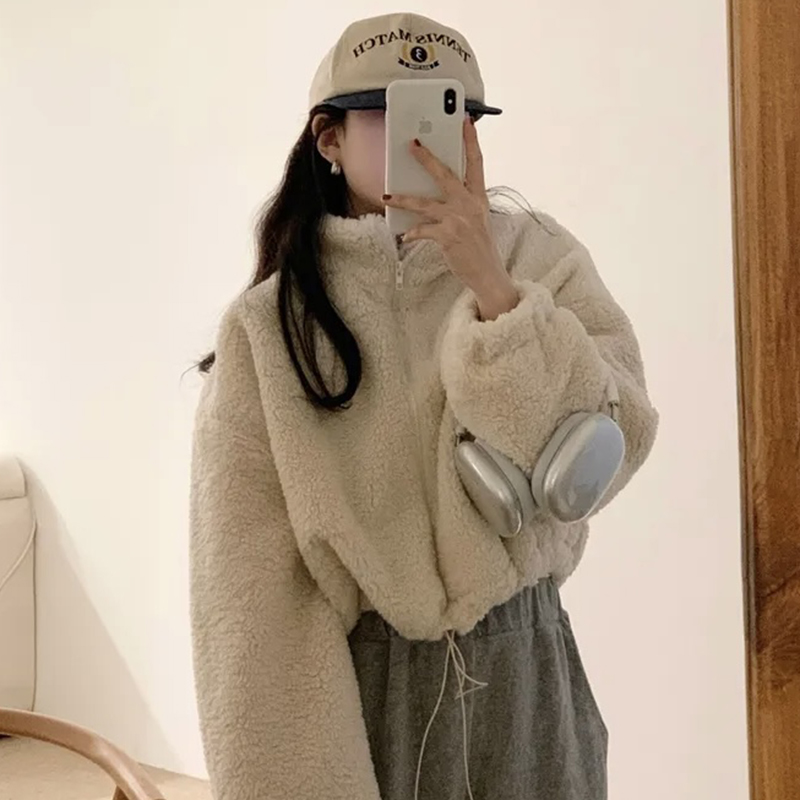 韓國chic秋冬新款氣質立領拉鏈式毛絨絨設計感百搭短款棉衣外套女