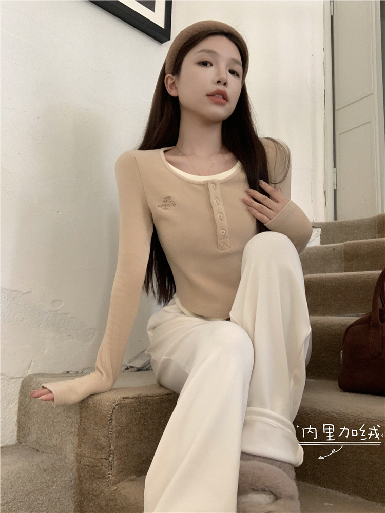 實拍實拍~人手一件糯米套裝垂感加絨休閒褲+軟糯顯瘦磨毛假兩件套