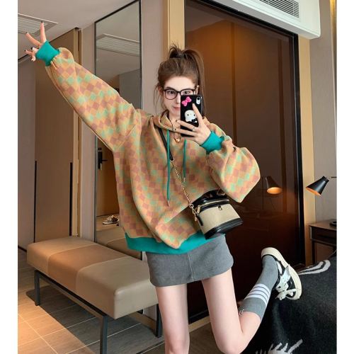 Original workmanship American retro plaid sweatshirt for women spring and autumn  new style small lazy style hooded top