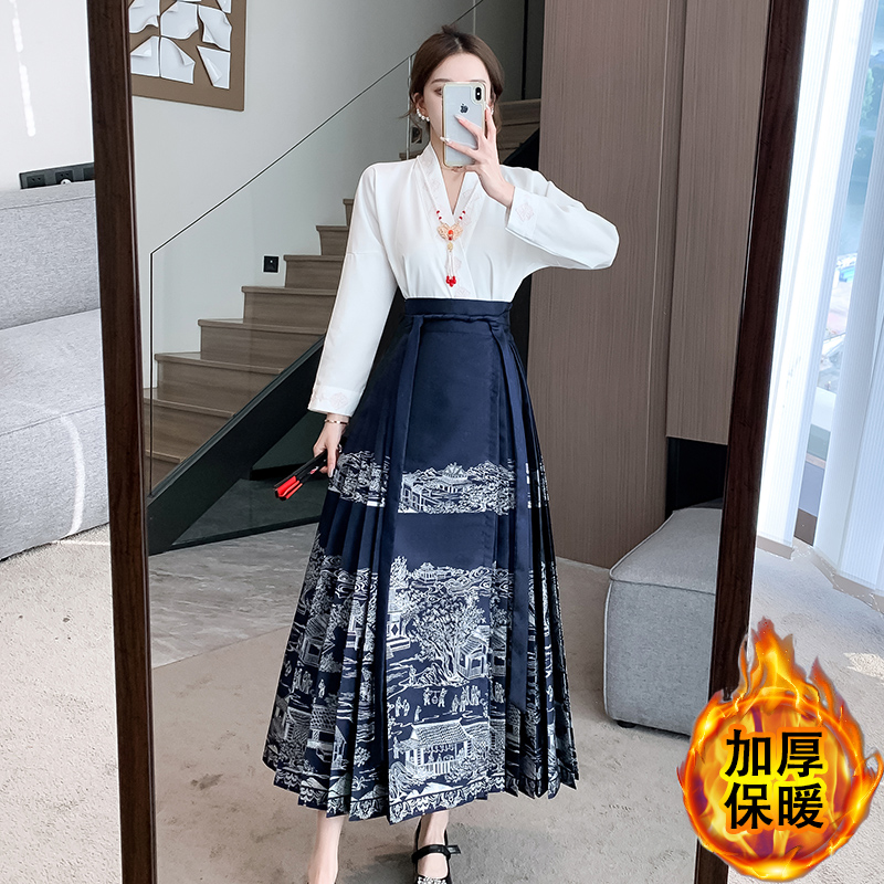 實拍 新中式國風漢服馬面裙搭配上衣套裝小個子日常通勤連衣裙女