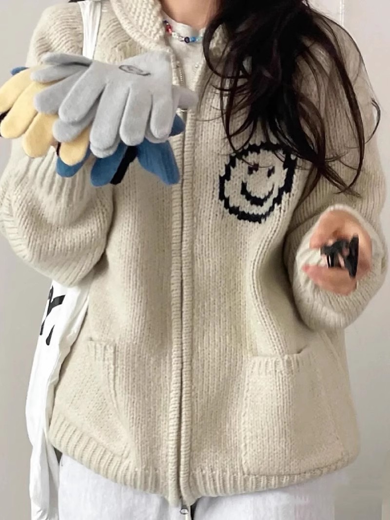 South Korea's Dongdaemun College Style Loose Color Block Smiley Face Zipper Sweater Knitted Top Cardigan Jacket Women's Autumn and Winter