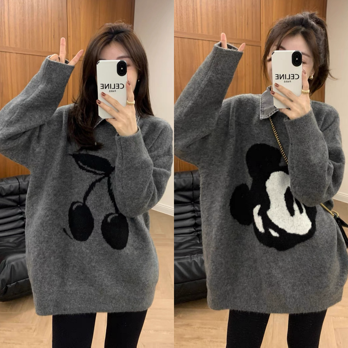 歐貨灰色櫻桃刺繡假兩件毛衣女秋冬慵懶風寬鬆時尚套頭針織上衣潮