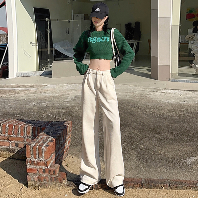 Real shot of 2023 autumn fashion wide-leg straight knitted casual chenille corduroy plus velvet pants