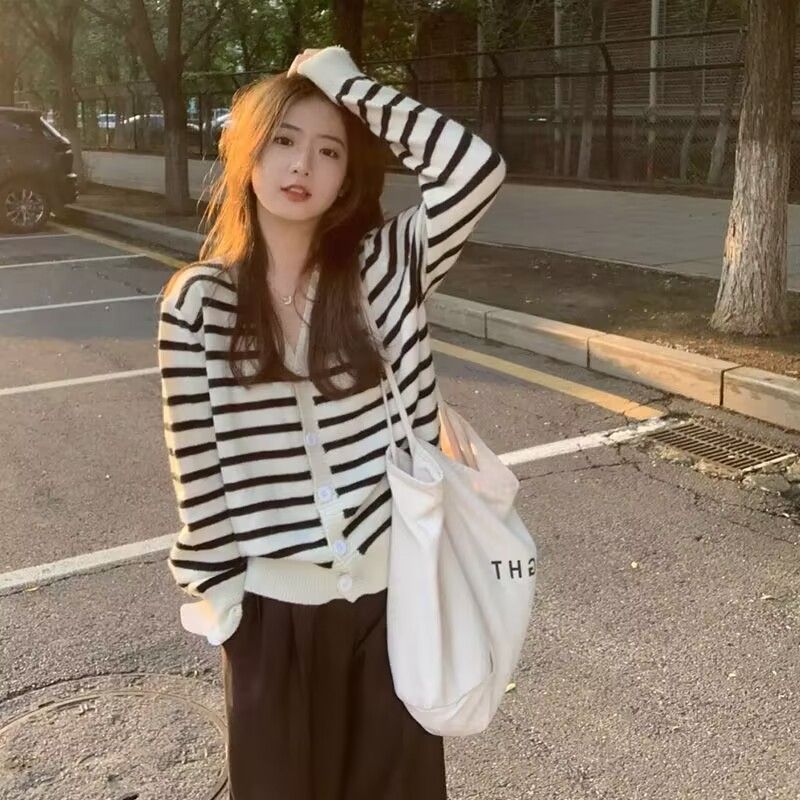 Autumn 2023 New Striped Sweater Knitted Cardigan Jacket Women's Lazy Style High-Quality Thin Top Icy Silk