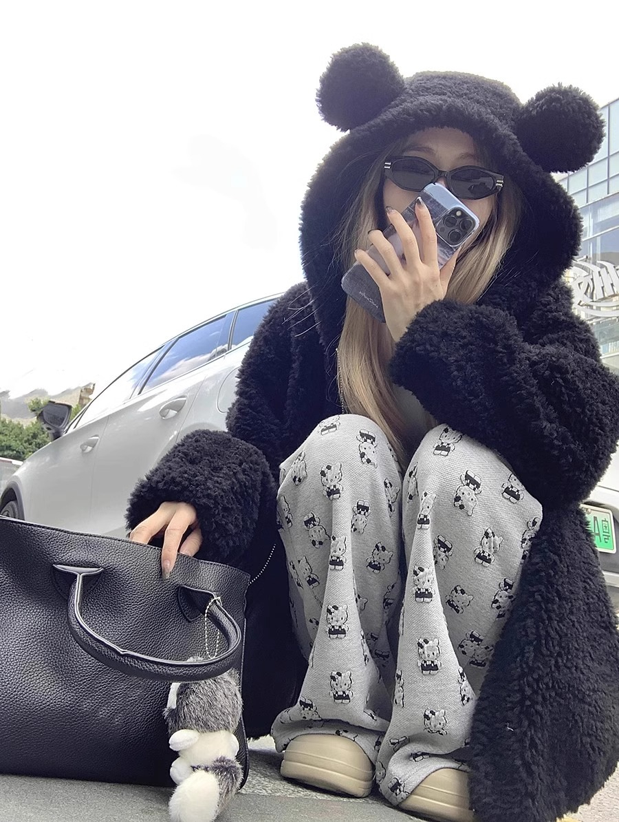 200 Jin Large Size Lamb Wool Bear Ear Hooded Jacket Women's Trendy Original Fabric