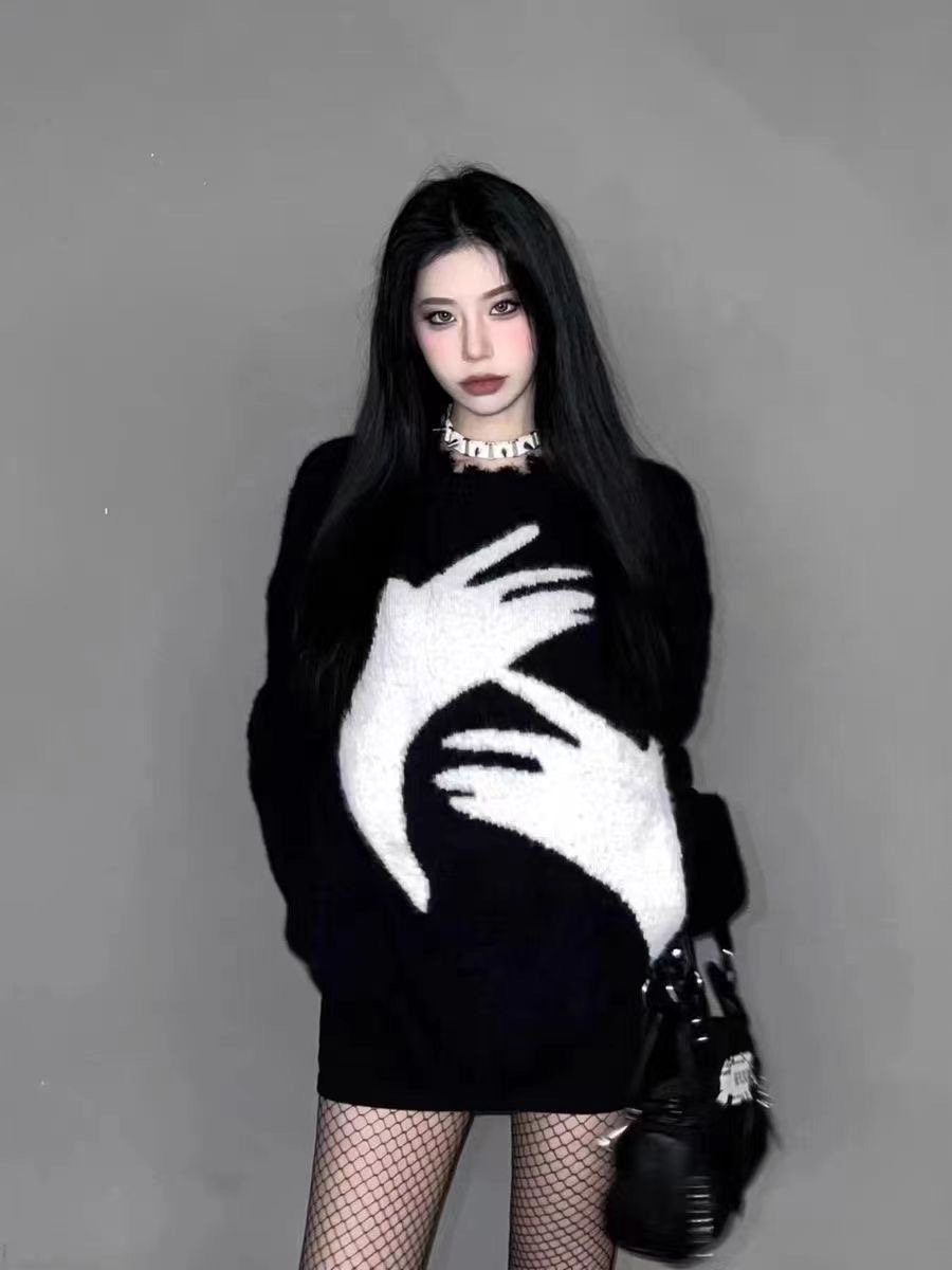 秋冬款新品美式抽象破洞寬鬆軟糯毛衣男女慵懶風情侶裝針織衫上衣