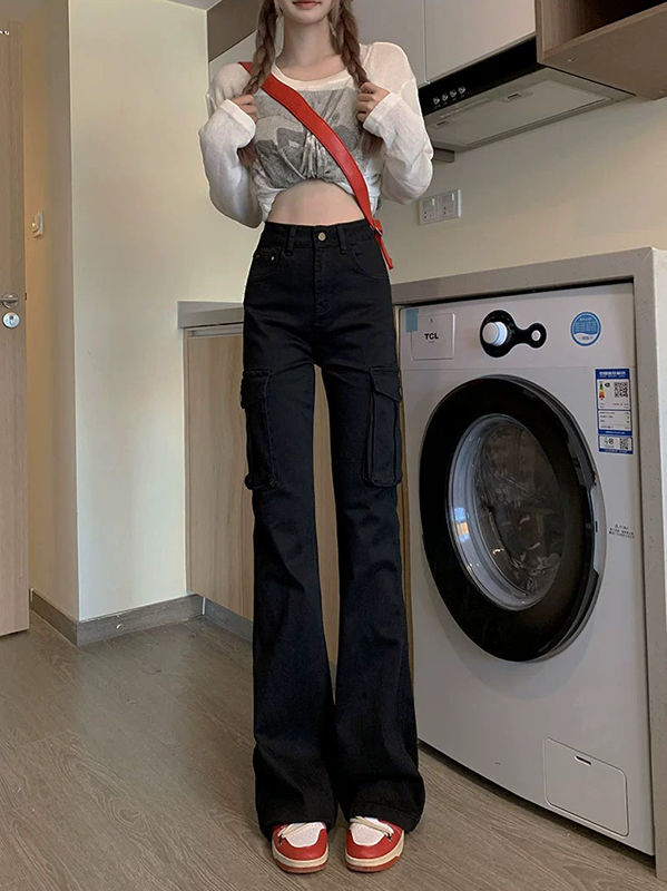 黑色微喇工裝牛仔褲女2023年秋季新款高腰修身顯瘦馬蹄褲