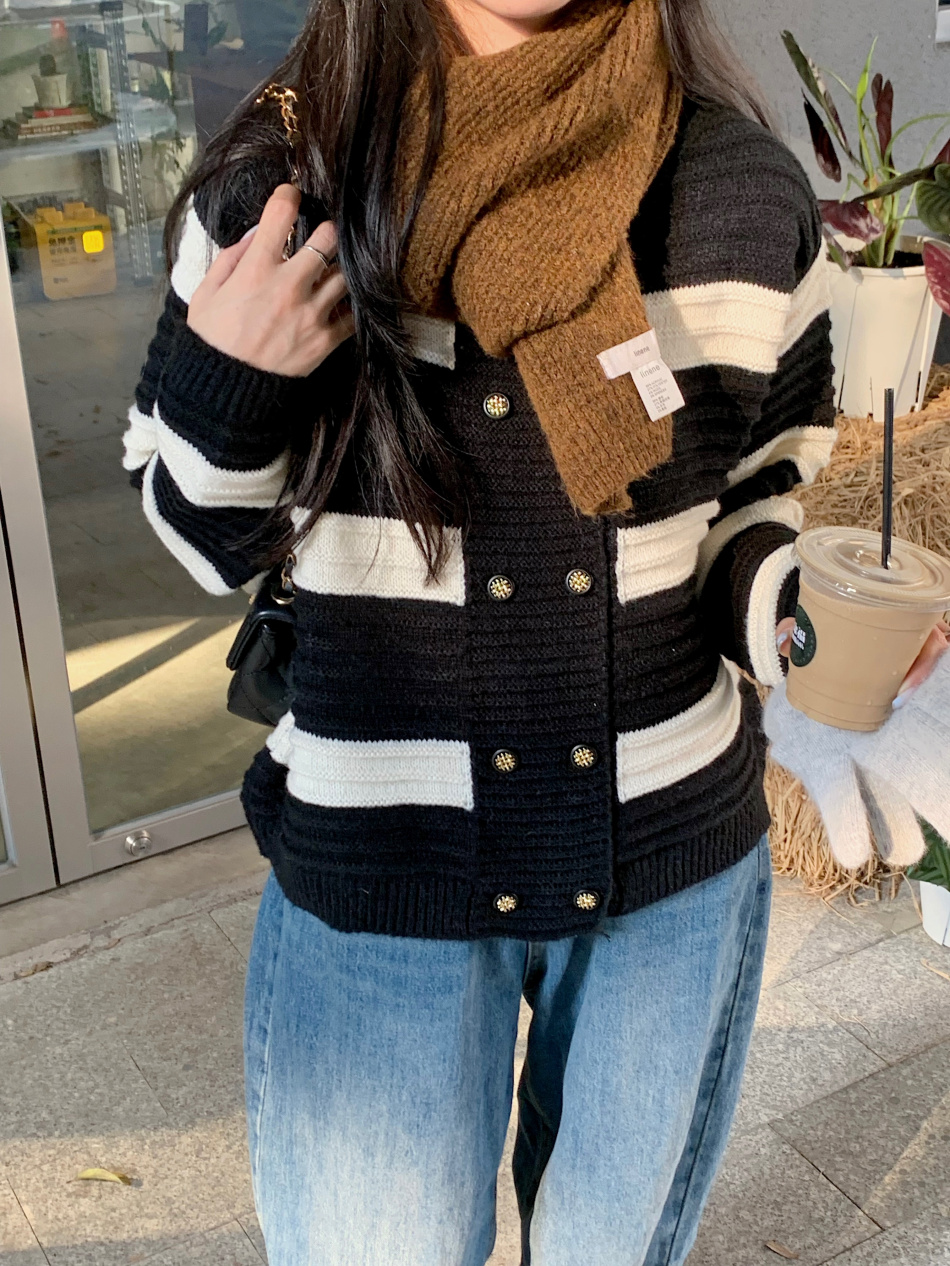 French contrast striped long-sleeved knitted cardigan for women spring and autumn 2023 new design slim fit and versatile sweater