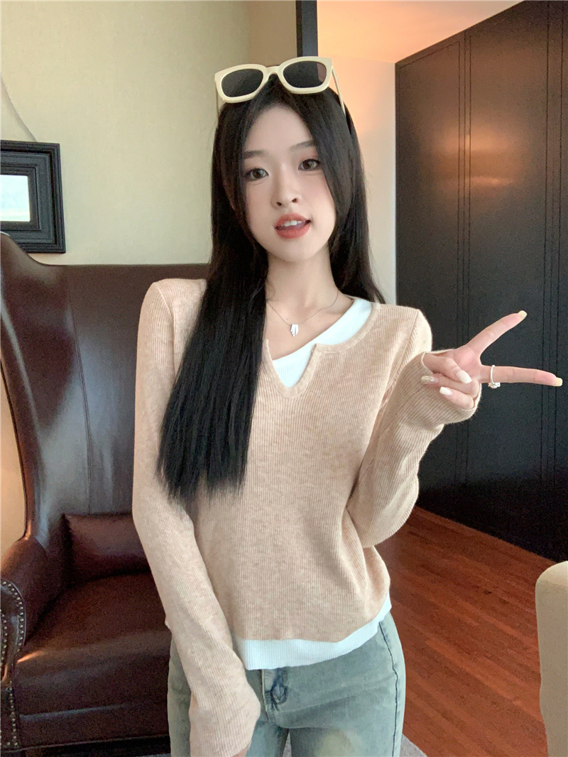 實拍 杏色溫柔風ins軟糯假兩件針織毛衣打底小眾別致內搭上衣