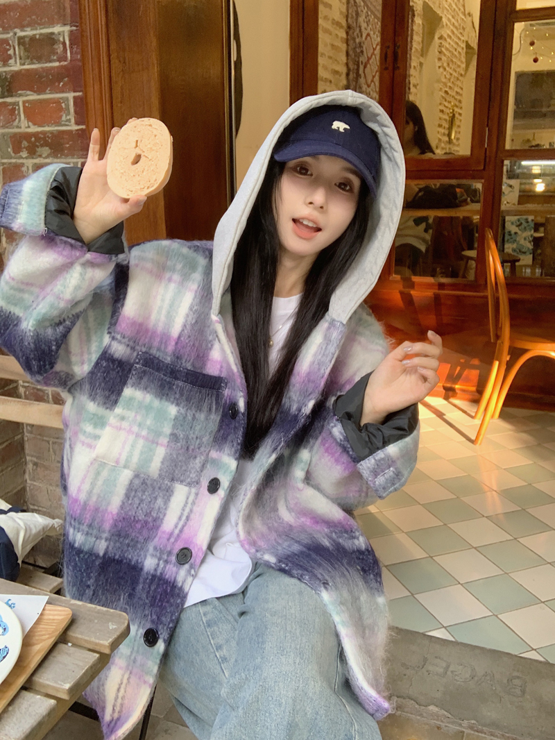 雙層內里秋冬長毛呢紫色格紋外套女2023年新款設計感寬鬆連帽上衣