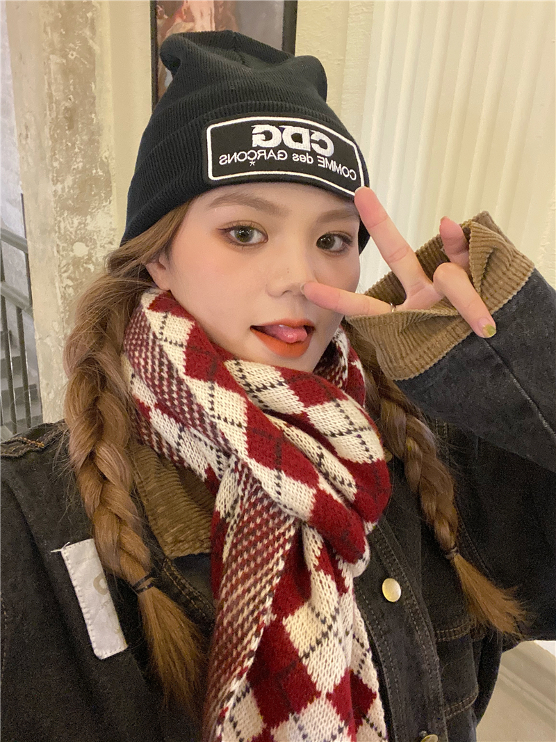實拍  三色冬季復古菱形格子針織毛線披肩圍巾圍脖女