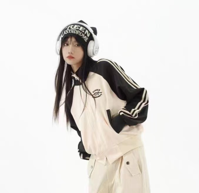 American Retro College Style Hot Girl Short Zipper Cardigan Women's Striped Color Block Stand Collar Casual Jacket