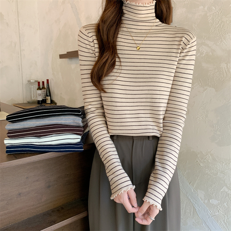 木耳邊高領長袖T恤女秋冬季雙面德絨修身顯瘦內搭條紋上衣打底衫
