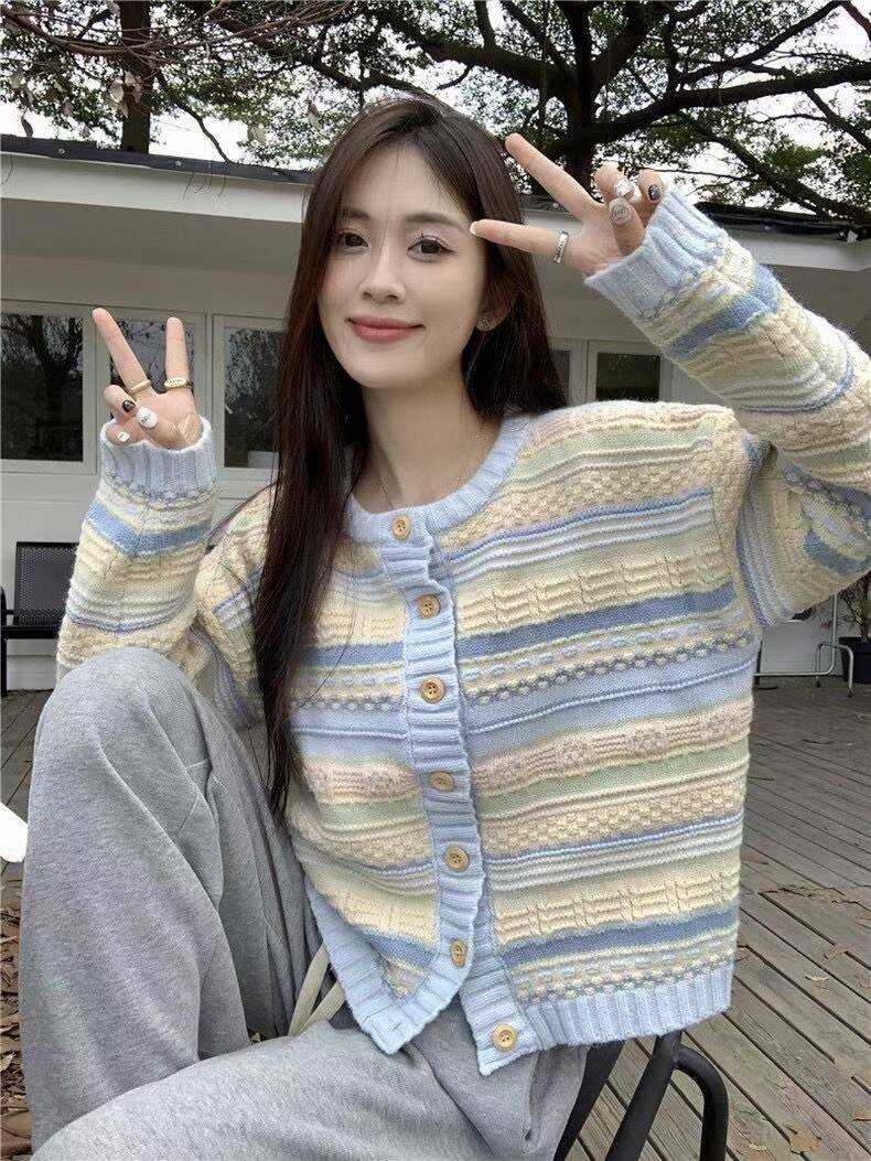 Autumn 2023 new Korean style loose striped outerwear versatile knitted sweater thin cardigan jacket for women