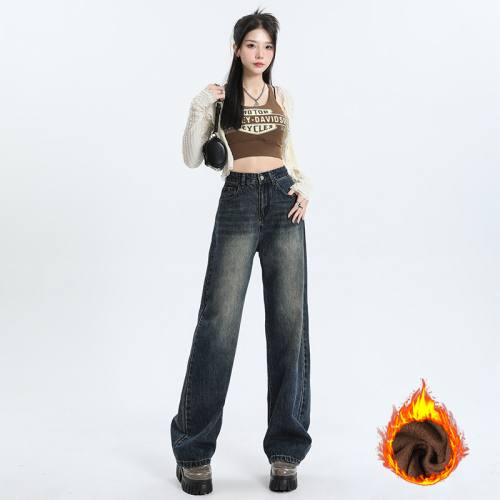 Real shot of autumn and winter high-waisted summer straight jeans for women, high-waisted pants, narrow version, thin wide-leg pants, retro blue