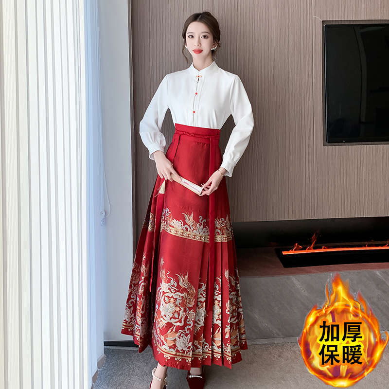 實拍漢服女國風新式馬面裙套裝2023新款秋冬款上衣搭配敬酒服婚服