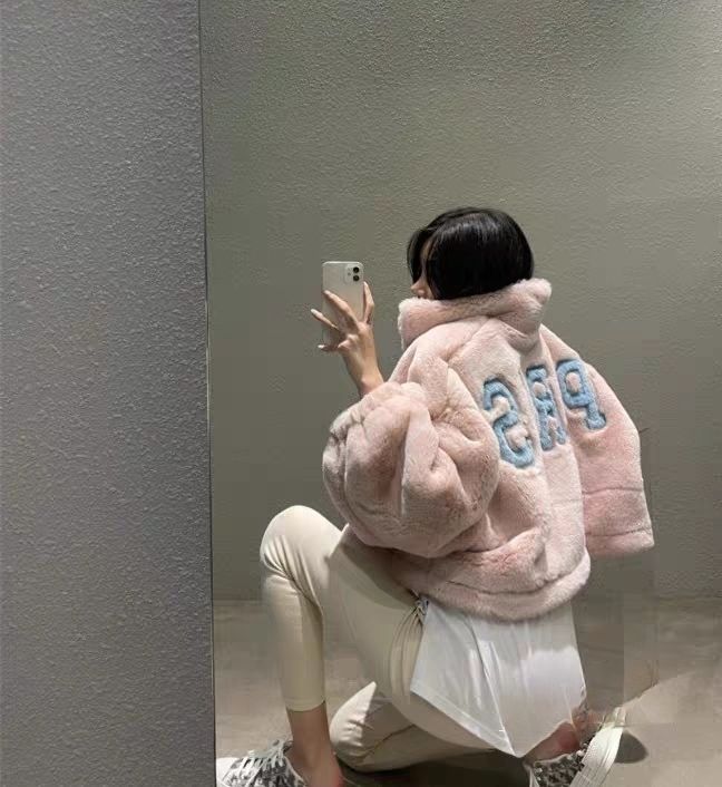 Coral velvet jacket for women in autumn and winter plush imitation fur imitation rex rabbit fur stand collar short embroidered quilted cotton coat for women