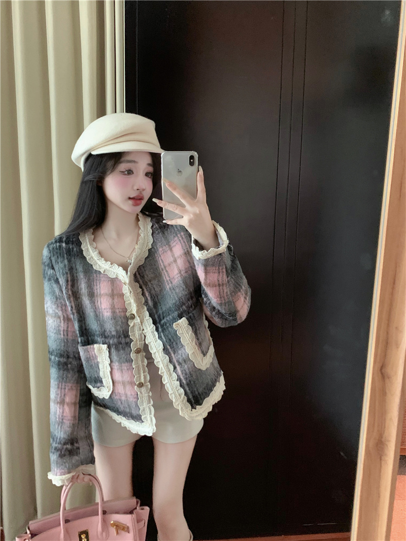 實拍~2023冬新款法式甜美溫柔羊毛呢小香風蕾絲花邊拼接外套